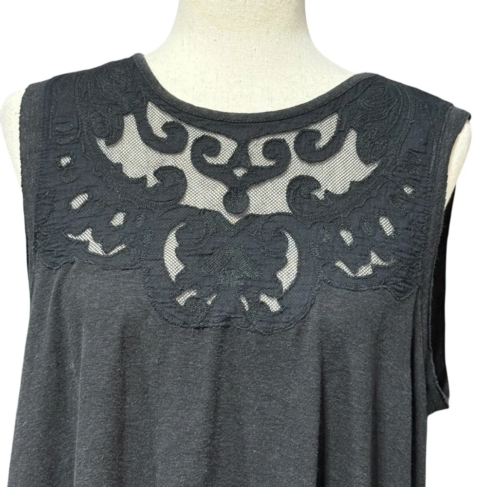 Free People Linen Blend Lace Flowy Tank Top Size Small Black Boho Floral Summer